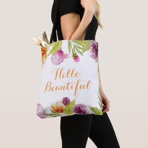 Hello Beautiful Watercolor Garden Flowers Tote Bag