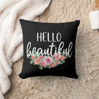 Hello Beautiful Watercolor Roses Typography Chic Cushion