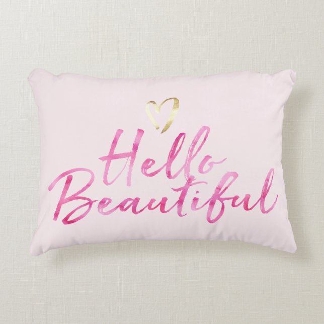 Hello Beautiful with Gold Heart Decorative Cushion (Front)