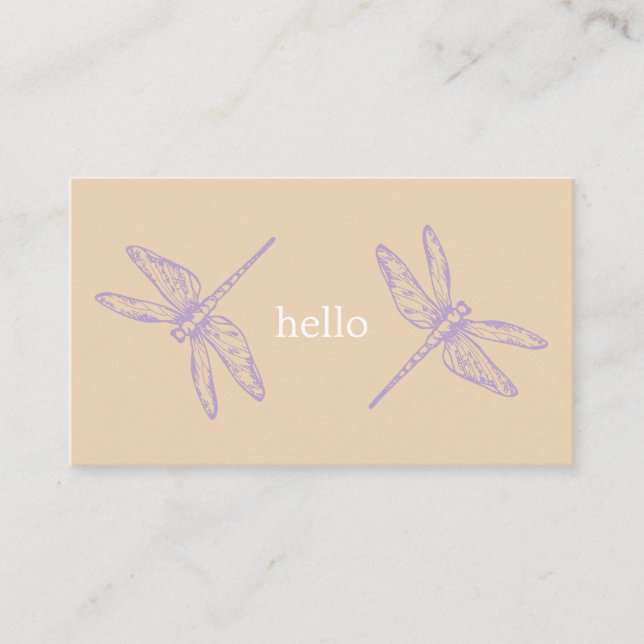 Hello beige rustic dragonflies insect illustration business card (Front)