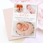 Hello Birth Announcement Cards Photo Collage Card<br><div class="desc">Baby Girl Birth Announcement 3 Photo Collage Cards. Elegant minimalist cute birth announcement featuring 3 of your favourite baby photos on front, with a pretty hand lettered text „hello” in a swirly calligraphy script with swash or tails in blush pink. Add your baby's name on the front and birth stats....</div>