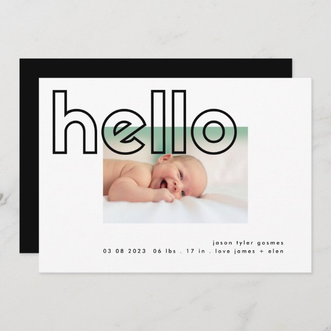 hello black on white modern simple minimalistic bb announcement (Front/Back)