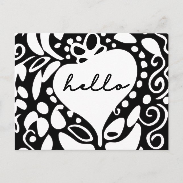 "Hello" Black & White, hearts, leaves pattern Postcard (Front)