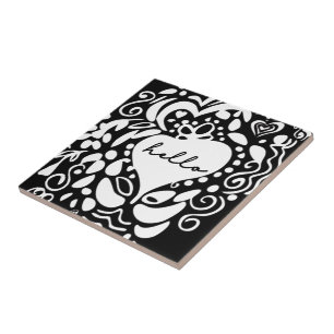 "Hello" Black & White, hearts, leaves pattern Tile