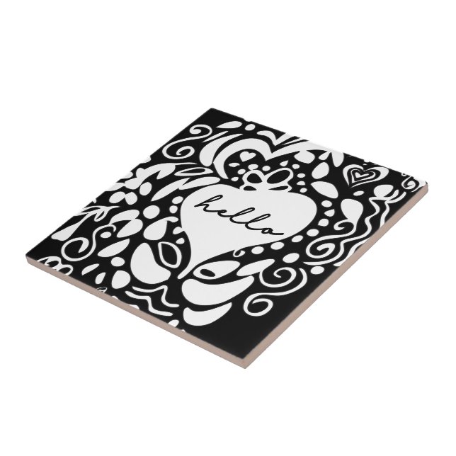"Hello" Black & White, hearts, leaves pattern Tile (Side)