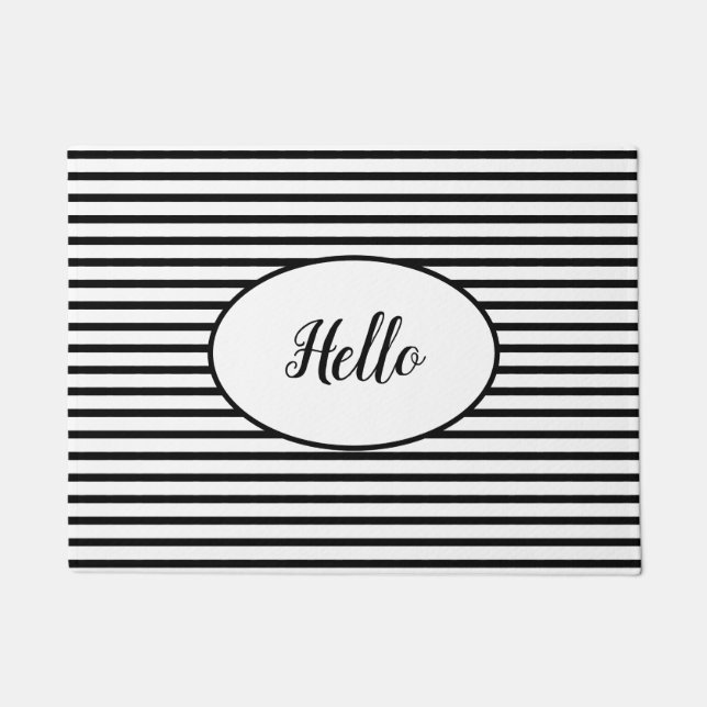 Hello Black White Stripe Pattern Doormat (Front)