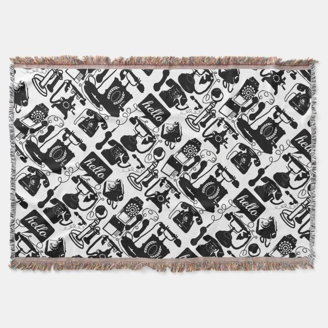 Hello Black White Vintage Telephone Pattern Throw Blanket (Front)