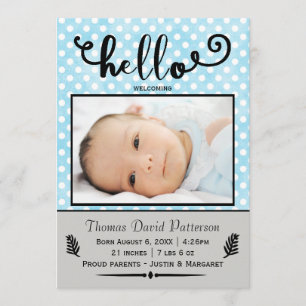 hello blue dots/grey photo - Birth Announcement