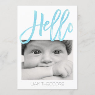 Hello Blue Watercolor 3-Photo Birth Announcement