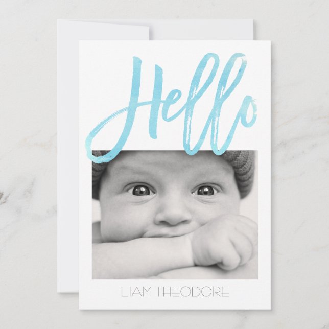 Hello Blue Watercolor 3-Photo | Birth Announcement (Front)