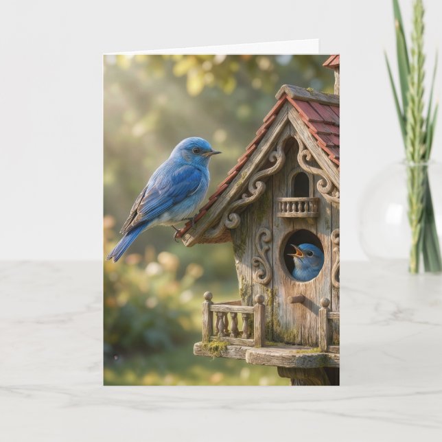 Hello Bluebirds on a Victorian Birdhouse Card (Front)