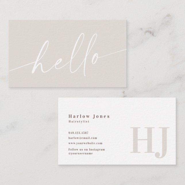 Hello Boho Minimalist Signature Beige Business Card (Front/Back)