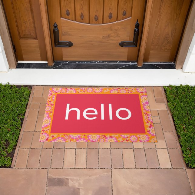 Hello Boho Pink Orange Flower Pattern Doormat (Outdoor)