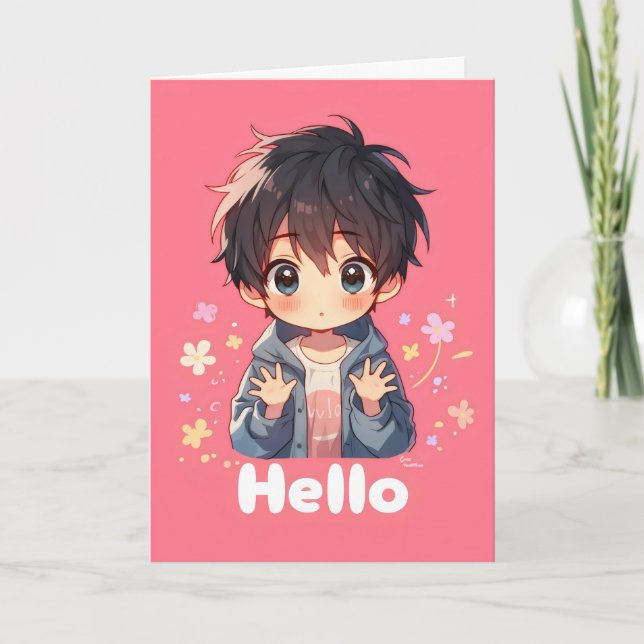 Hello Boy Anime Chibi Holiday Card (Front)