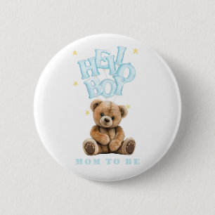 Hello Boy Balloon Teddy Bear Boy Baby Shower 6 Cm Round Badge