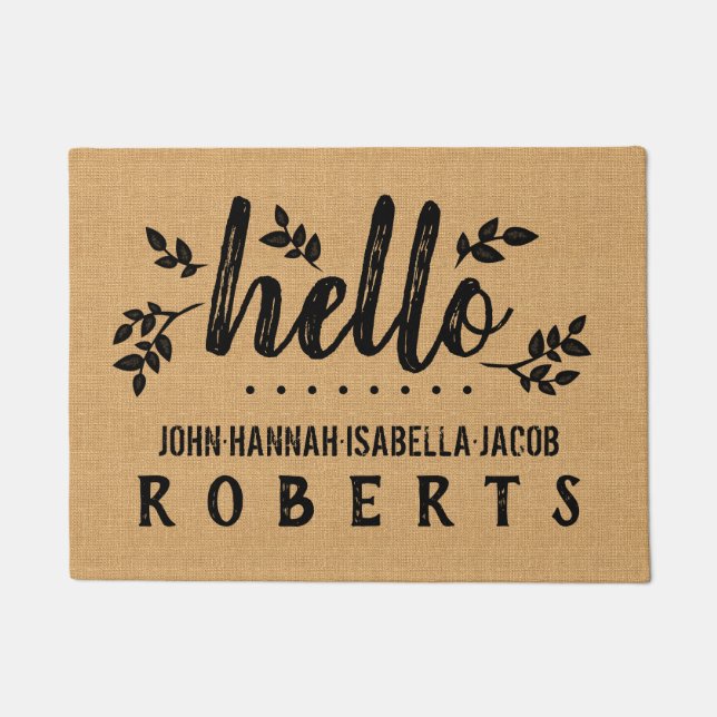Hello Burlap Leaf Farmhouse Feedsack Personalised Doormat (Front)