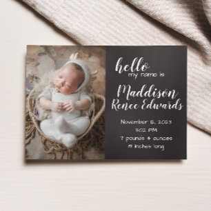 Hello chalkboard birth announcement with photos