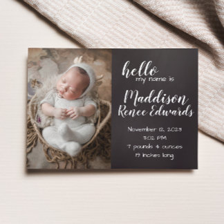 Hello chalkboard birth announcement with photos