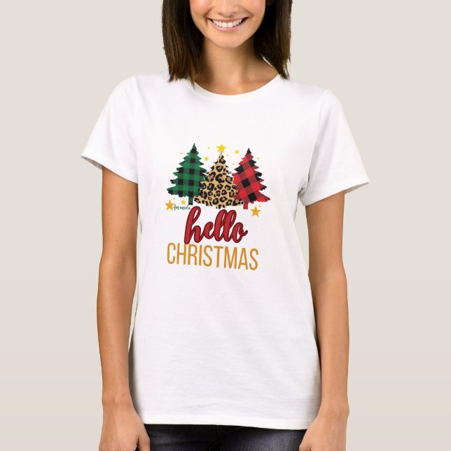 Hello Christmas Plaid Leopard Trees Custom Name  T-Shirt (Front)