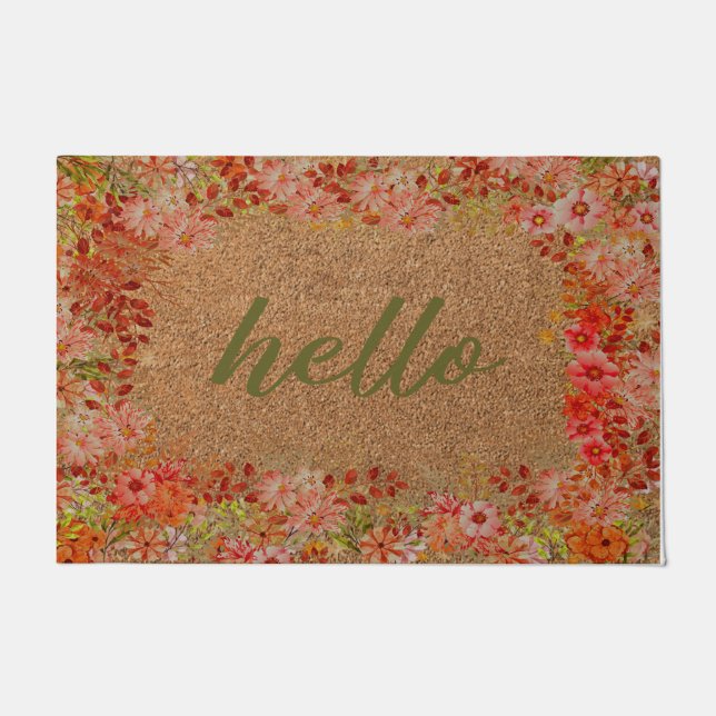 Hello Colourful Flower Door Mat, Floral Welcome Doormat (Front)