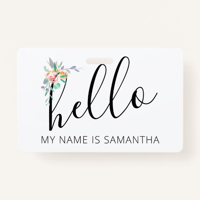 Hello Custom Name Floral Edge ID Badge (Front)