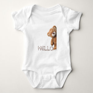 Hello Cute Brown Teddy Bear     Baby Bodysuit