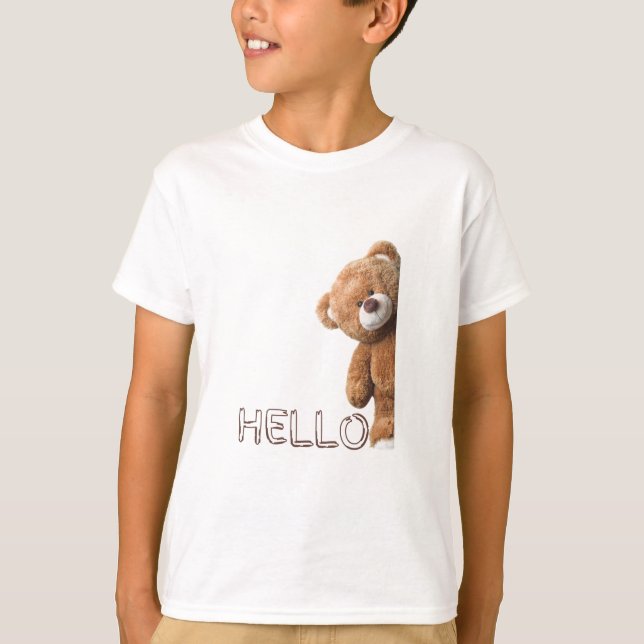 Hello Cute Brown Teddy Bear T-Shirt (Front)