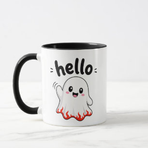 Hello Cute Ghost with Fiery Flame Border Mug