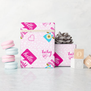 Hello Cute Pink Baby Girl or Personalise Wrapping Paper