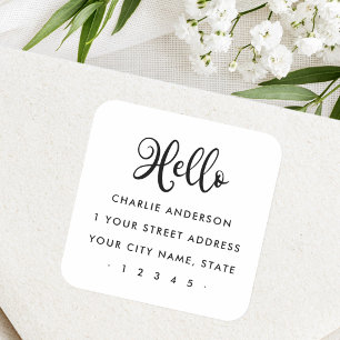 Hello cute script modern minimalist return address square sticker