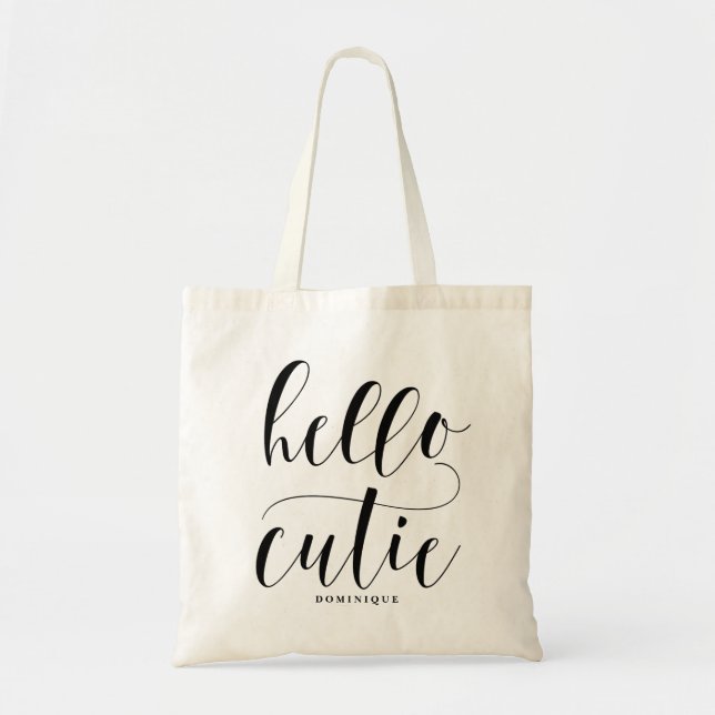 Hello Cutie Black Modern Calligraphy Personalised Tote Bag (Front)