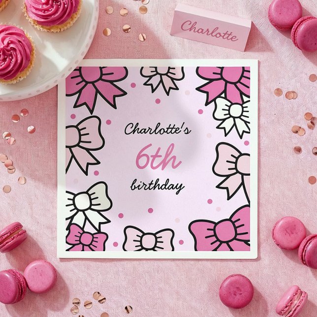 Hello Cutie Cartoon Pink Bow Birthday Party Napkin (Creator Uploaded)
