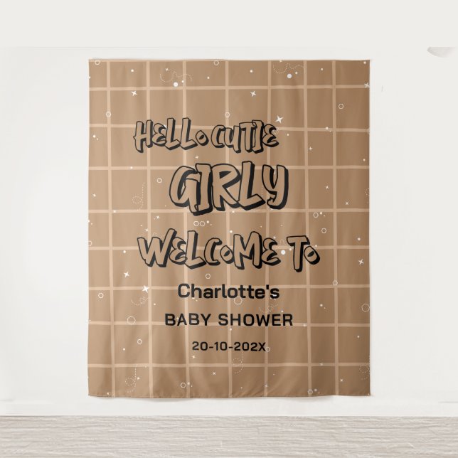 Hello Cutie Girly Cute Brown Gingham Baby Backdrop Tapestry (Front)