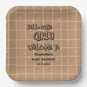 Hello Cutie Girly Cute Brown Gingham Baby Shower Paper Plate