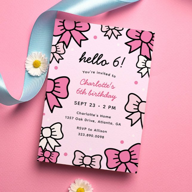 Hello Cutie Pink Cartoon Bows Birthday Party Invitation (cute kawaii bows pink birthday party invitation for girls)