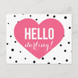 Hello Darling | Polka Dots Greeting Postcard<br><div class="desc">Fun and whimsical card featuring dots patterns and pink heart.</div>