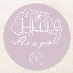 Hello decorative script baby shower dusty blue round paper coaster