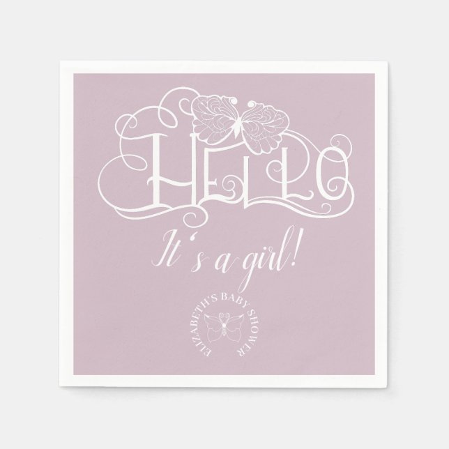 Hello decorative script dusty blue it's a girl napkin (Front)