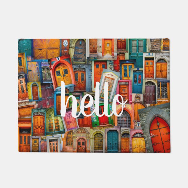 Hello Doors Trendy Hand Lettered Script Typography Doormat (Front)
