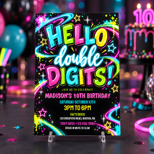 Hello Double Digits Neon Glow 10th Birthday Invitation