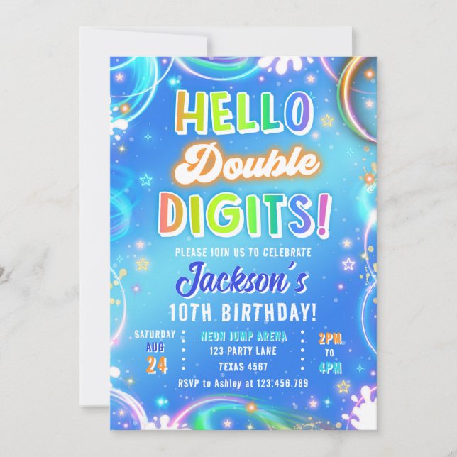 Hello Double Digits Neon Glow Boy 10th Birthday Invitation (Front)