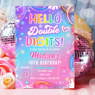 Hello Double Digits Neon Glow Girl 10th Birthday Invitation