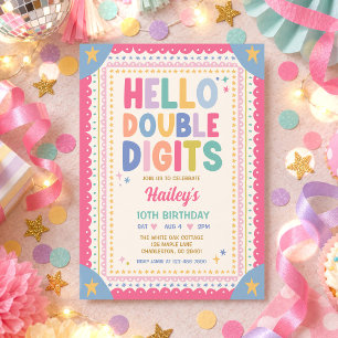Hello Double Digits Whimsical Girl 10th Birthday Invitation