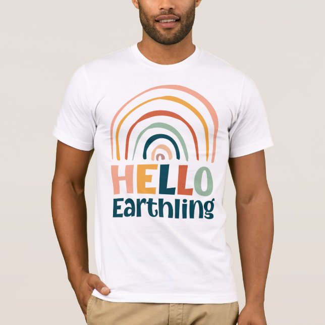 Hello Earthling fun rainbow retro colourful boho T-Shirt (Front)