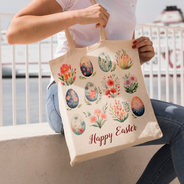 Hello Easter Colourful Watercolor Egg Monogram Tote Bag (Creator Uploaded)