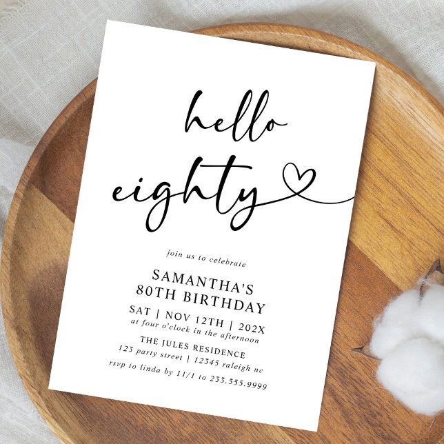 Hello Eighty Black and White 80th Birthday Party Invitation (Creator Uploaded)