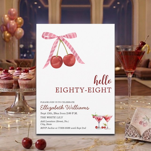 Hello Eighty Eight Cherry Martini Birthday Party Invitation (Creator Uploaded)