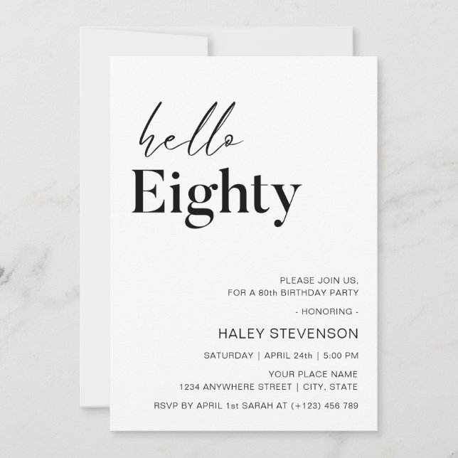 Hello Eighty Modern Chic minimalist 80th Birthday Invitation (Front)