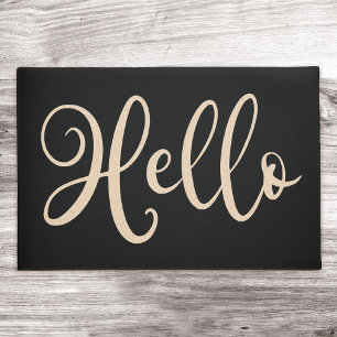 Hello elegant script black neutral light brown doo doormat