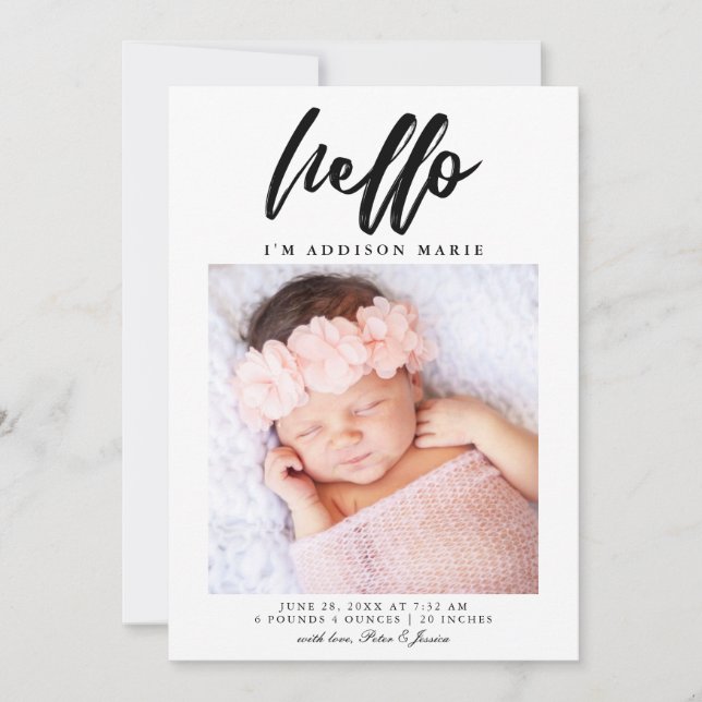 Hello Elegant Script Photo Birth Announcement (Front)